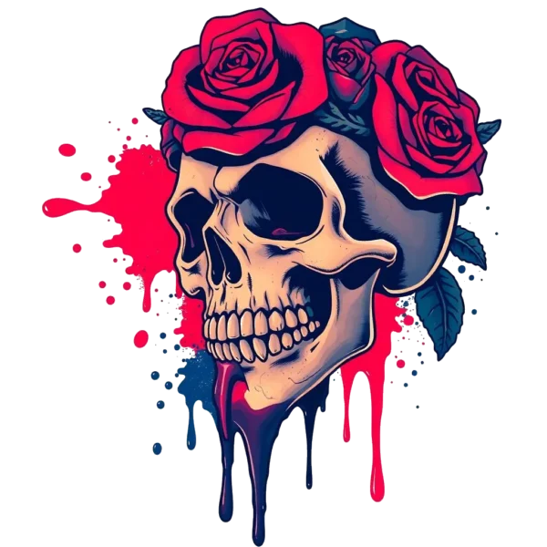 A realistic skull temporary tattoo design is illustrated against a stark white background, facing to the right. The skull is intricately detailed, featuring dark eye sockets and a slightly lighter nose and mouth area. Adorning the skull is a vibrant crown of red roses,
