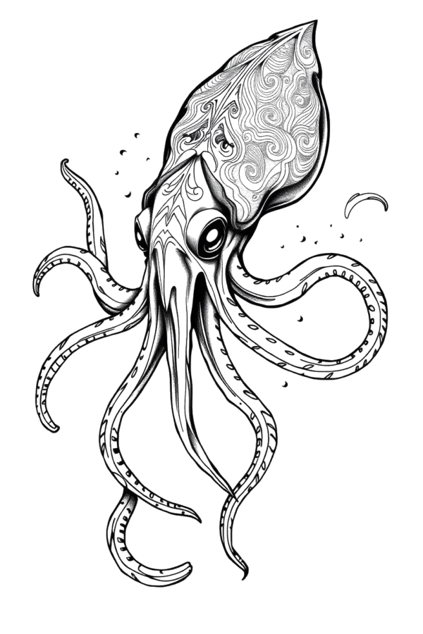 Detailed black and white temporary temporary tattoo design featuring a squid viewed from an elevated angle. The squid’s body, oriented to the left, showcases intricate swirling patterns and decorative elements. It has large, round eyes and stylized tentacles that curl and twist,