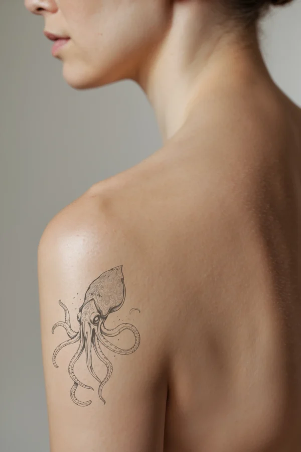 A profile view of a person's shoulder displaying a detailed black and white temporary temporary tattoo of a squid. The squid is oriented to the left, with its head facing right. It features intricate swirling patterns and decorative designs on its body. The squid's large,