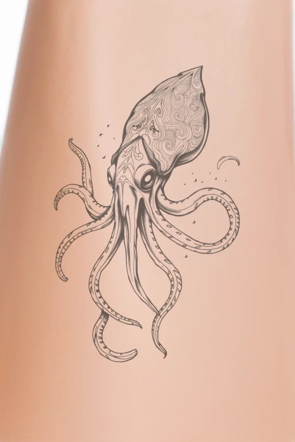 Black and white temporary temporary tattoo illustration of a squid viewed from an elevated angle. The squid's body, adorned with intricate swirling patterns, faces left while its head turns right. It features large, round eyes and stylized tentacles that curl and twist.