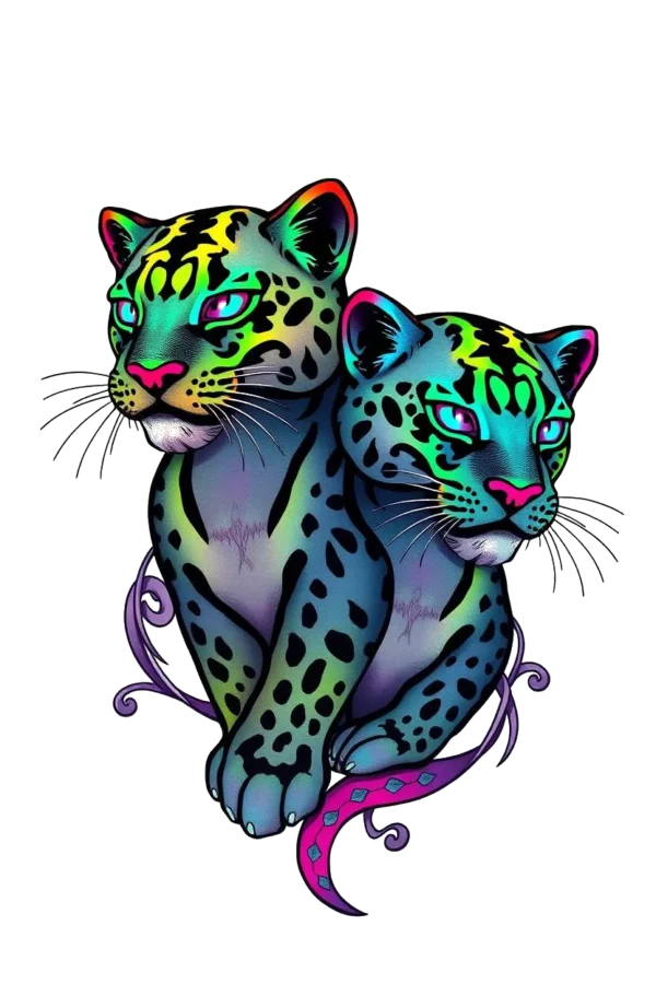 A vibrant temporary temporary tattoo featuring two leopards, adorned with intricate black and white spots. The leopards are positioned side by side, facing each other with their heads turned to the left. Their fur blends shades of blue, black, and hints