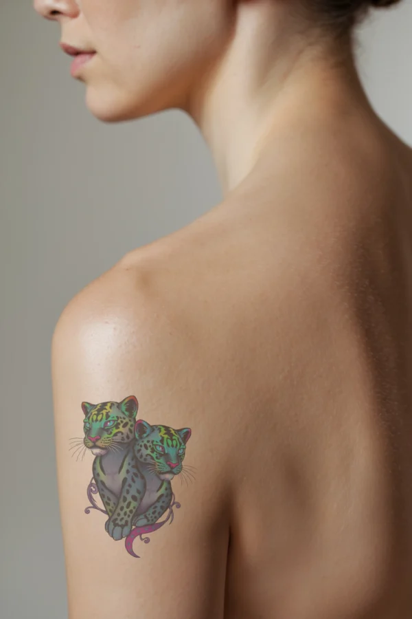 A close-up view of a vibrant temporary temporary tattoo on a person's shoulder, depicting two leopards in profile. The leopards, adorned with intricate black and white spot patterns, are facing each other with their heads turned to the left. Their striking