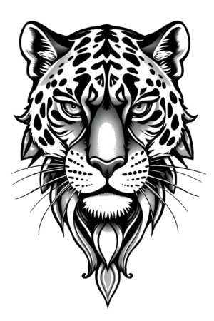 Black and white temporary tattoo design featuring a detailed illustration of a leopard's head. The leopard's face is centered, showcasing its prominent eyes and nose. Its fur is illustrated in various shades of gray, highlighting its unique markings and texture. The head faces