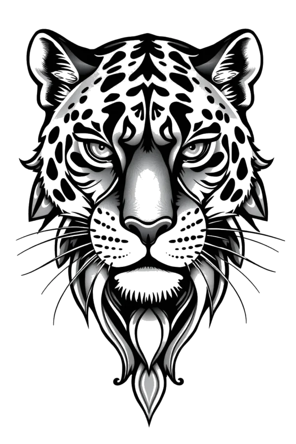 Black and white temporary temporary tattoo design featuring a detailed illustration of a leopard's head. The leopard's face is centered, showcasing its prominent eyes and nose. Its fur is illustrated in various shades of gray, highlighting its unique markings and texture. The head faces