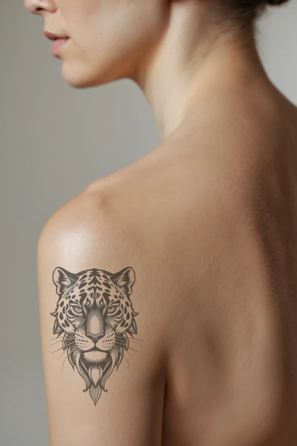 A detailed black and white temporary temporary tattoo of a leopard's head on a person's shoulder, showing the animal's prominent eyes and nose. The leopard's fur is illustrated in shades of gray, highlighting its distinctive markings. The head faces forward with a neutral expression
