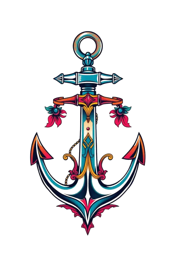 A temporary temporary tattoo featuring a vibrant anchor design, symbolizing strength and stability. The anchor, colored blue and white, is adorned with a red and pink flower on the left side and a small dark blue/black flower on the right. Its top displays