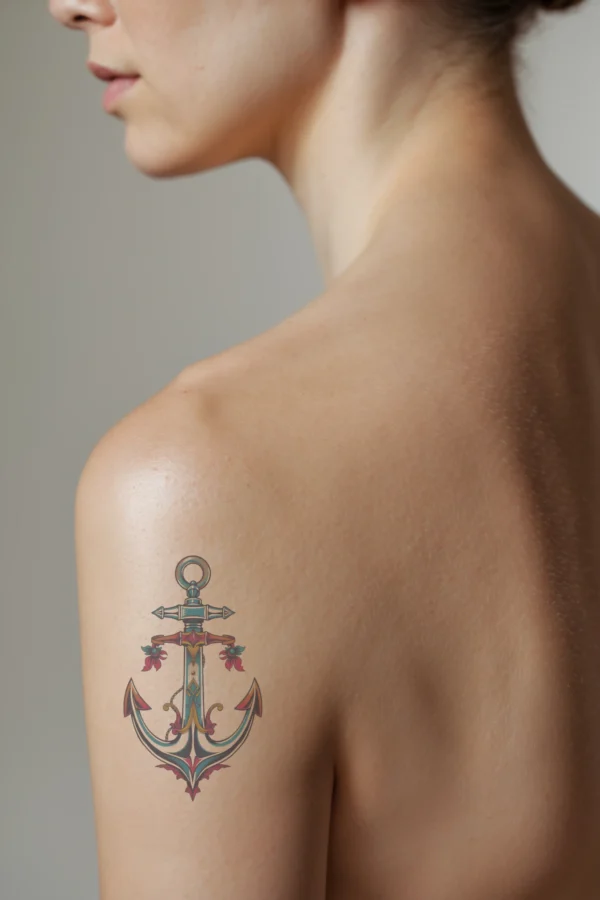 A detailed temporary temporary tattoo on a person's shoulder showcases a vibrant anchor design in profile. The anchor, central to the image, features a blue and white body accented by a red and pink flower on the left and a small dark blue/black flower on the