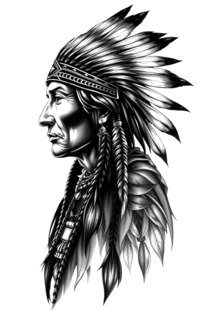 Temporary tattoo design featuring a detailed black and white portrait of a Native American man in profile. His serene expression and side gaze are complemented by a traditional headdress made of feathers and beads, along with styled hair and a decorative necklace with a pendant. The