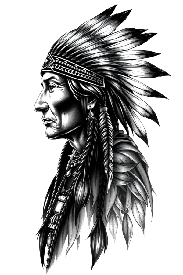 Temporary temporary tattoo design featuring a detailed black and white portrait of a Native American man in profile. His serene expression and side gaze are complemented by a traditional headdress made of feathers and beads, along with styled hair and a decorative necklace with a pendant. The