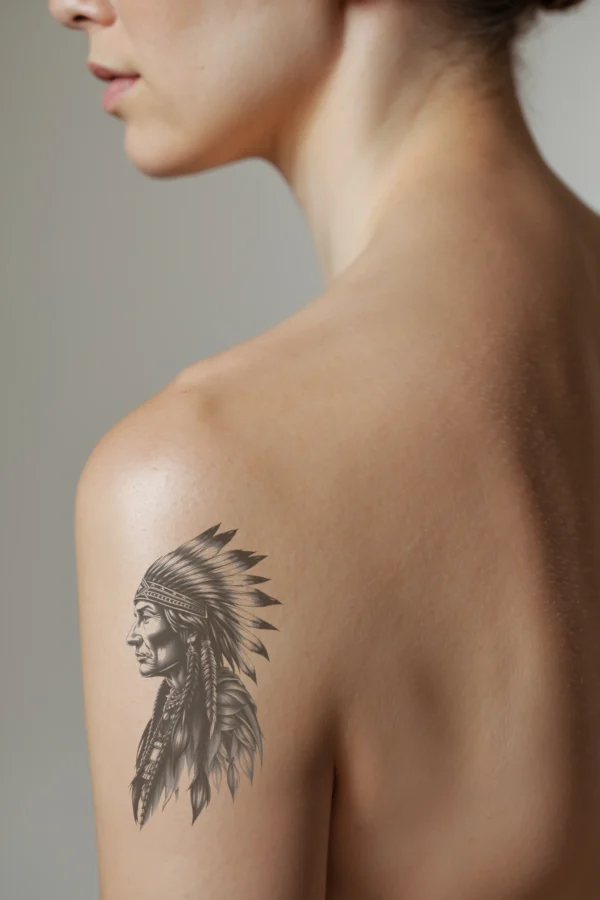 Temporary temporary tattoo showcasing a detailed black and white portrait of a Native American man in profile. The temporary tattoo highlights the man's serene expression, traditional headdress adorned with feathers and beads, and his elaborately styled hair. He is wearing a necklace with a pendant,