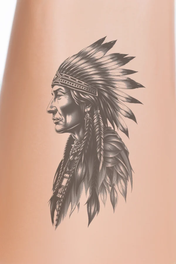 Alt text: A black and white temporary temporary tattoo design featuring a profile portrait of a serene Native American man. He wears a traditional feathered headdress and a necklace with a pendant. His hair is styled traditionally, and his gaze is directed to the left