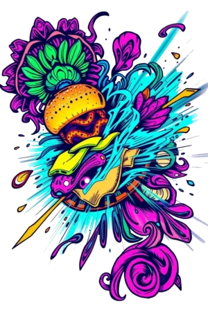 A vibrant, pop art-style temporary tattoo featuring a cartoonish burger as the central focus. The burger, composed of a detailed bun, patty, lettuce, tomato, and cheese, bursts with color against a clean white background. Surrounding the burger
