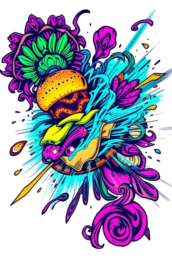 A vibrant, pop art-style temporary temporary tattoo featuring a cartoonish burger as the central focus. The burger, composed of a detailed bun, patty, lettuce, tomato, and cheese, bursts with color against a clean white background. Surrounding the burger
