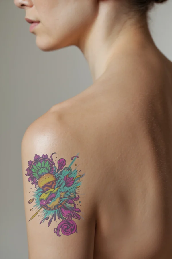 A vibrant temporary temporary tattoo on a person's shoulder features a pop art-style illustration of a colorful burger. The temporary tattoo displays a cartoonish burger, complete with a bun, patty, lettuce, tomato, and cheese, set against a white background. Surrounding