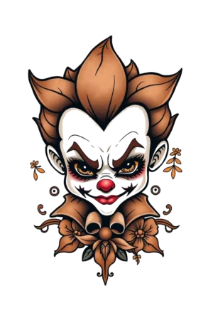A temporary tattoo design featuring a stylized portrait of a young person with a red nose and a mischievous grin. The individual has distinctive dark red/brown eyes and spiky brown-toned hair styled in an updo. Their light brown skin