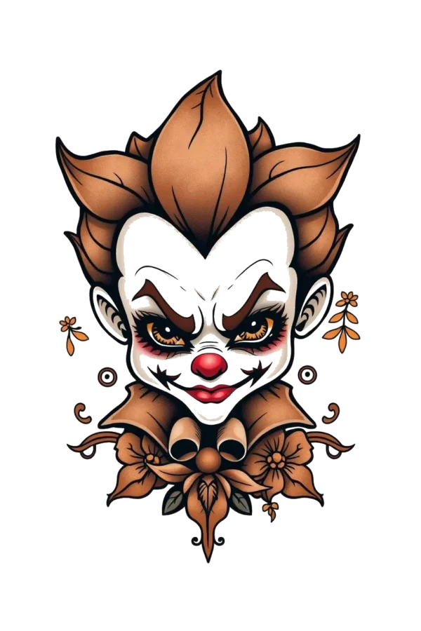 A temporary temporary tattoo design featuring a stylized portrait of a young person with a red nose and a mischievous grin. The individual has distinctive dark red/brown eyes and spiky brown-toned hair styled in an updo. Their light brown skin