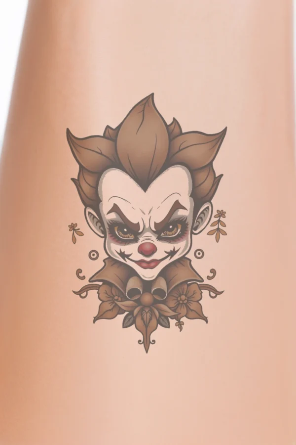 Stylized temporary temporary tattoo featuring a young person with a red nose and a playful grin. The individual has dark red/brown eyes and spiky brown hair in an updo, with light brown or tan skin. The white background emphasizes the vibrant colors of