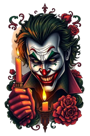 Temporary tattoo design featuring a joker character with a mischievous grin and exaggerated features. The joker's face is white with black accents, complemented by a bright green wig. He holds a lit candle in his left hand, dressed in a dark-colored suit