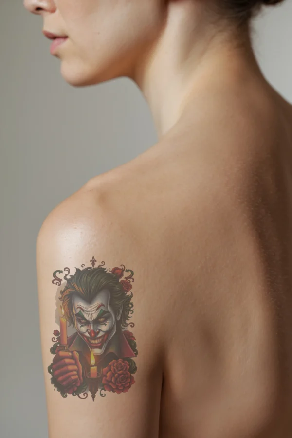 A profile view of a person's shoulder showcasing a temporary temporary tattoo. The temporary tattoo features a joker character with a mischievous grin, white and black-painted face, and a green wig, holding a lit candle in his left hand. He wears a dark suit