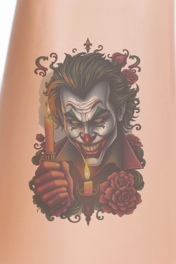 Temporary temporary tattoo design featuring a joker character with a mischievous grin, exaggerated features, and white face paint with black accents. He holds a lit candle in his left hand and sports a green wig, wearing a dark-colored suit jacket. The background is