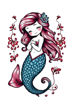A cartoonish mermaid with long, flowing pink hair and a vibrant blue tail is centered in the image. Her light pink/peach skin and serene expression give her a gentle appearance. She wears a small dark blue flower in her hair. The
