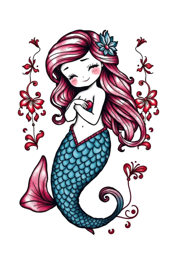A cartoonish mermaid with long, flowing pink hair and a vibrant blue tail is centered in the image. Her light pink/peach skin and serene expression give her a gentle appearance. She wears a small dark blue flower in her hair. The