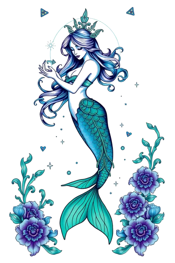 Temporary temporary tattoo design featuring a mermaid with long, flowing blue hair and a green leaf crown. She has a vibrant green and blue tail and is positioned in the center of the image, extending her tail toward the bottom right. The mermaid's eyes