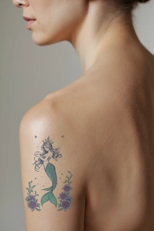 Profile view of a person's shoulder showcasing a temporary temporary tattoo of a mermaid. The mermaid has long, flowing blue hair and a crown made of green leaves. She features a green and blue tail, closed eyes, and holds a small light blue object