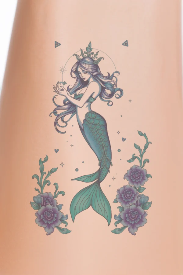 Temporary temporary tattoo design featuring a woman with dark hair styled in an updo, embellished with red and pink flowers. She wears a white kimono accented with red details and a matching red sash. A red floral headpiece adorns her face as she gently