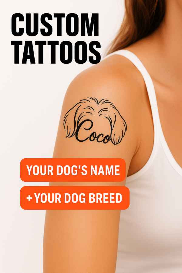 Custom temporary temporary tattoo on shoulder featuring dog name “Coco” and minimalist line art of dog ears – InkNomad personalized pet temporary tattoo.