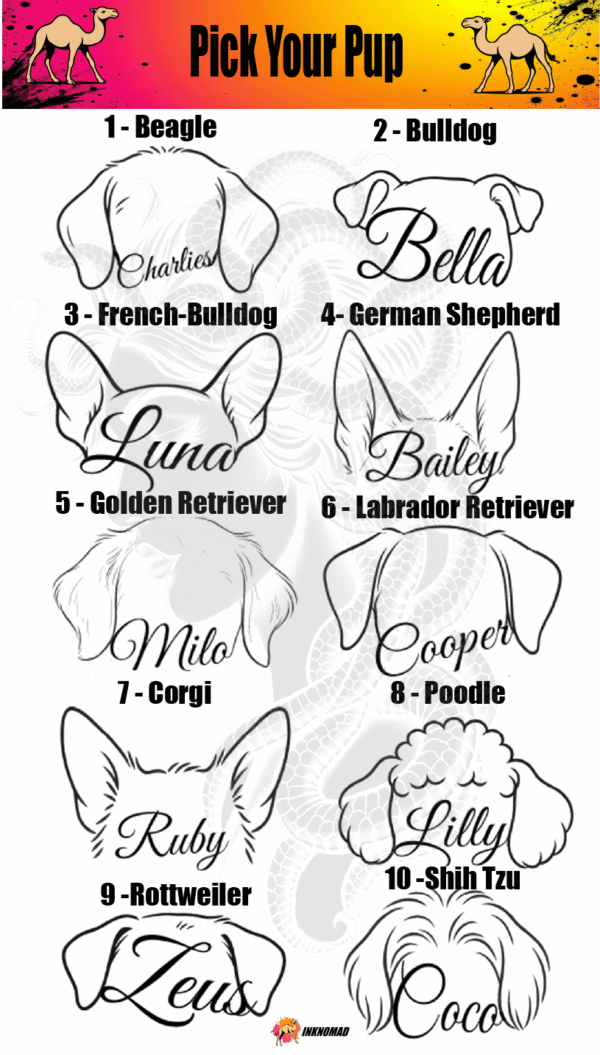 Illustrated lineup of 10 dog ear designs for custom temporary temporary tattoos by InkNomad, featuring breed options like Beagle, Bulldog, French Bulldog, German Shepherd, and more, with pet names in stylized fonts.