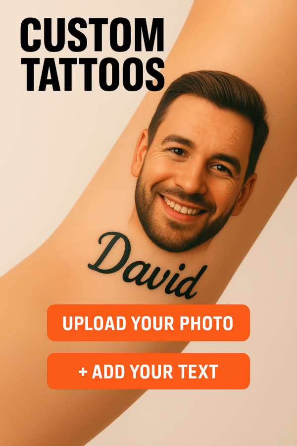 Custom bachelorette temporary tattoo with groom's face on forearm, includes custom name and party colors