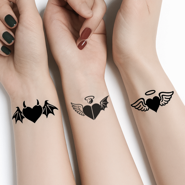 three wrists with matching black friendship festival temporary temporary tattoos including angel, devil, and yin-yang heart