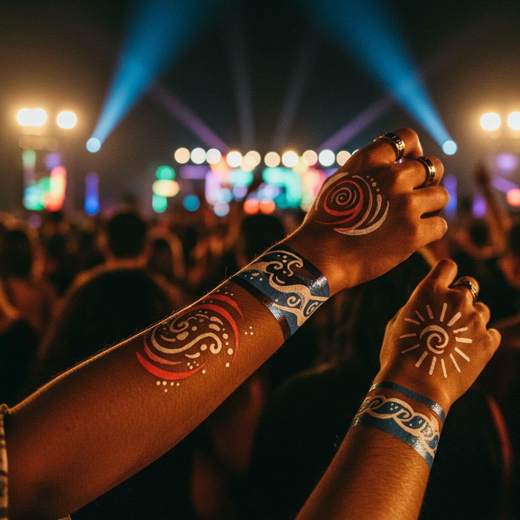 Custom Temporary Tattoos for Festivals: Design Your Own 3 Vibrant custom temporary temporary tattoos for festivals on diverse skin, radiating energetic, personalized designs.