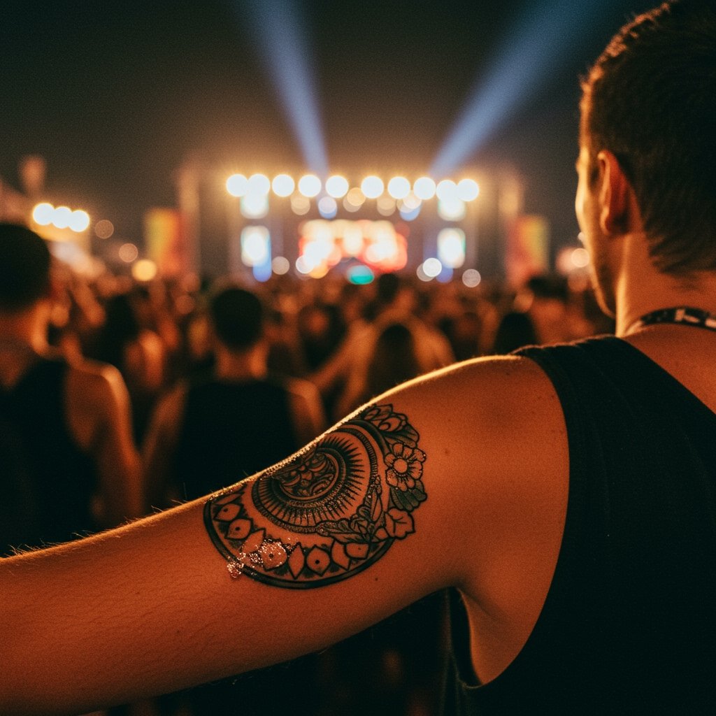 Custom Temporary Tattoos for Festivals: Design Your Own 4 Vibrant custom temporary temporary tattoo design applied to a person's arm, ideal for personalized festival temporary tattoos.