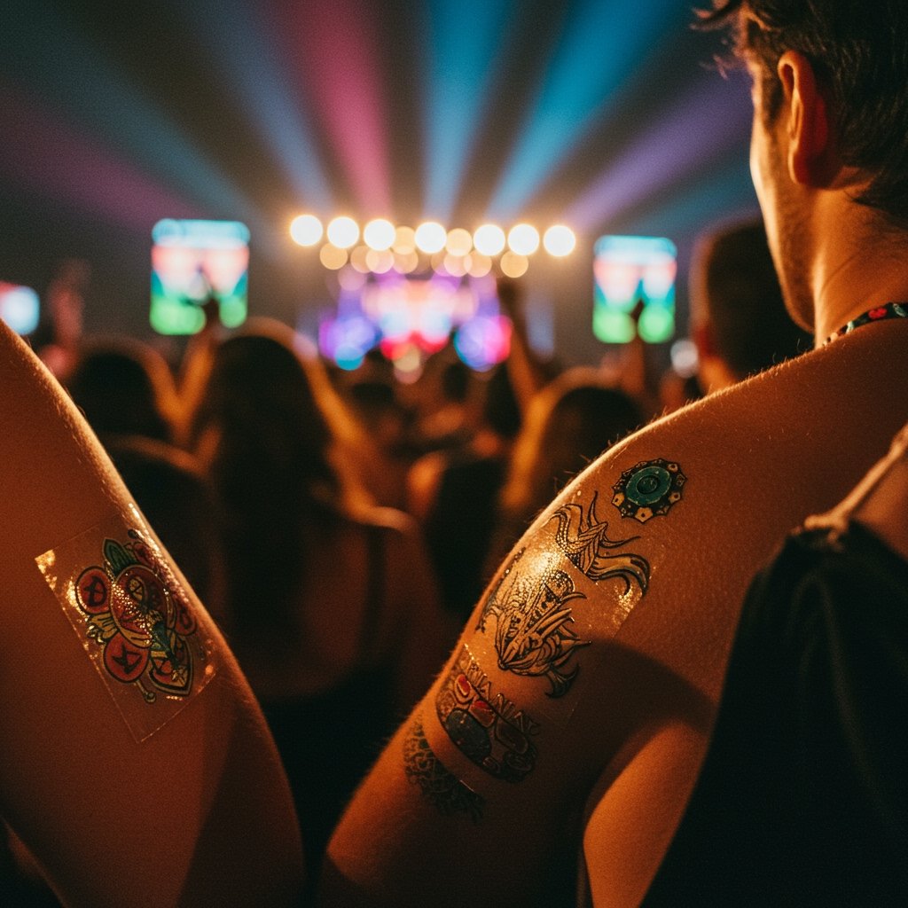 Custom Temporary Tattoos for Festivals: Design Your Own 5 Close-up shows vibrant, intricate personalized festival temporary tattoos on diverse skin tones at a lively event.