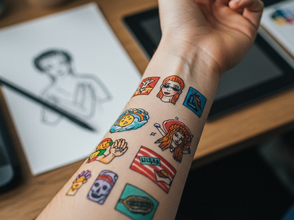 DIY Custom Temporary Tattoo: Make Your Own vs Pro Prints 3 Forearm with vibrant DIY custom temporary temporary tattoos, each a unique pie design. Make your own temporary temporary tattoo art at home.