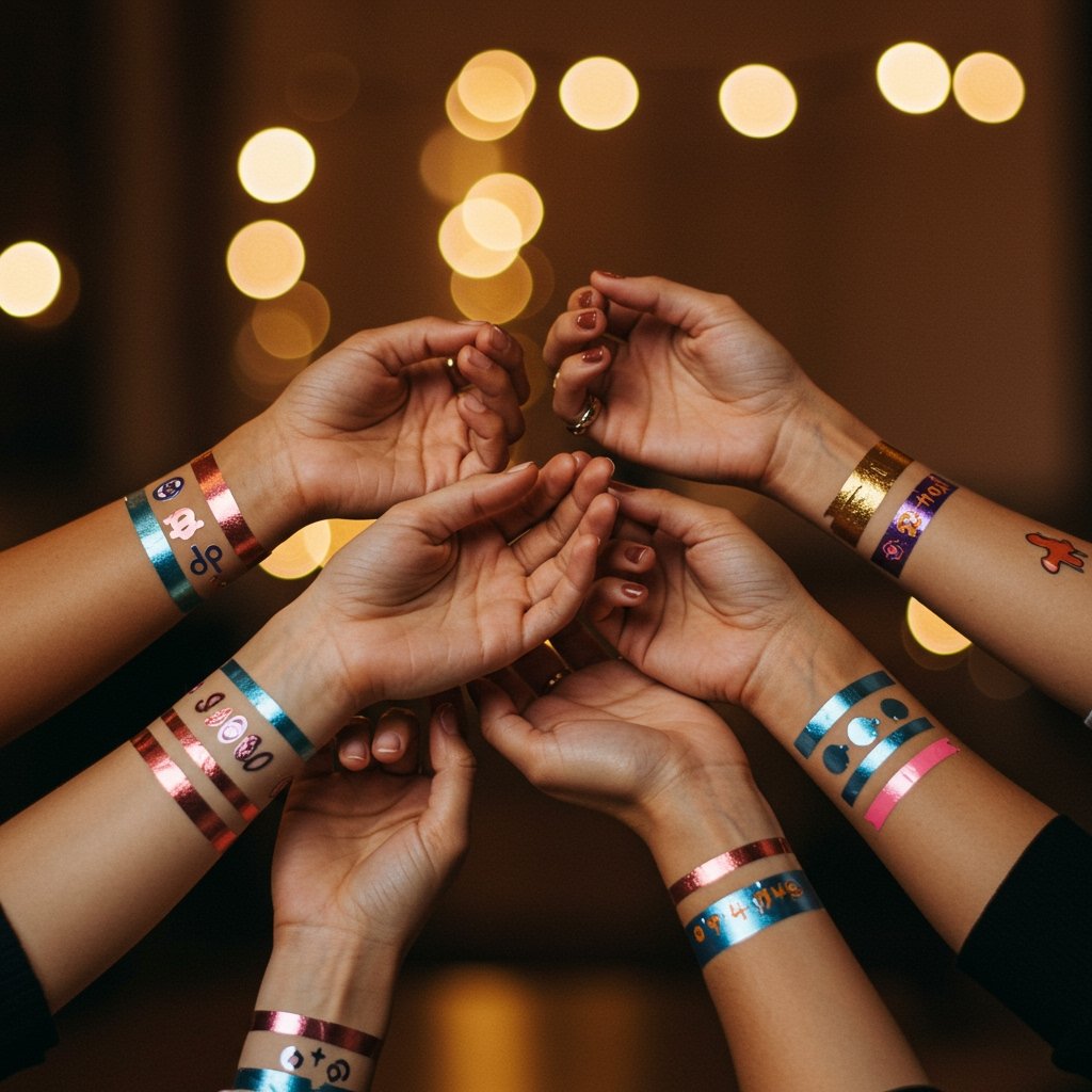 Custom Bachelorette & Wedding Temporary Tattoos bachelorette party temporary temporary tattoos; wedding temporary temporary tattoos custom; event party favor temporary tattoos - Arms adorned with vibrant custom designs: playful symbols, metallic accents, and personalized text.