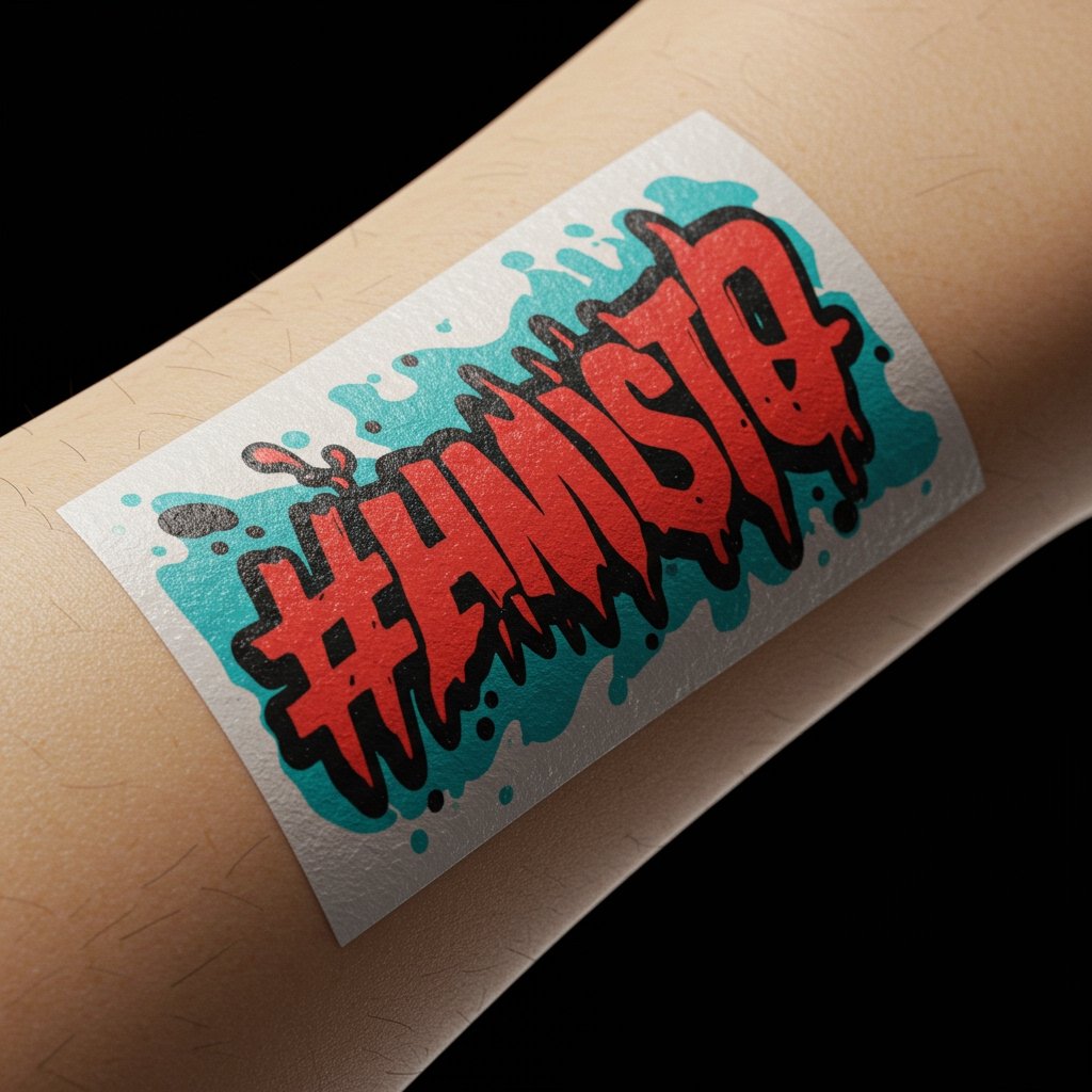Event Hashtag Tattoo - custom temporary temporary tattoos for events custom temporary temporary tattoos for events; promotional temporary temporary tattoos; event marketing temporary tattoos - Close-up of a custom temporary temporary tattoo with a stylized event hashtag.