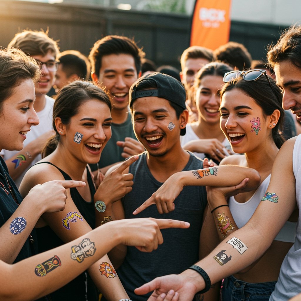 Vibrant Event Scene - custom temporary temporary tattoos for events custom temporary temporary tattoos for events; promotional temporary temporary tattoos; event marketing temporary tattoos - Attendees display vibrant custom temporary tattoos at a lively event, showcasing branding.
