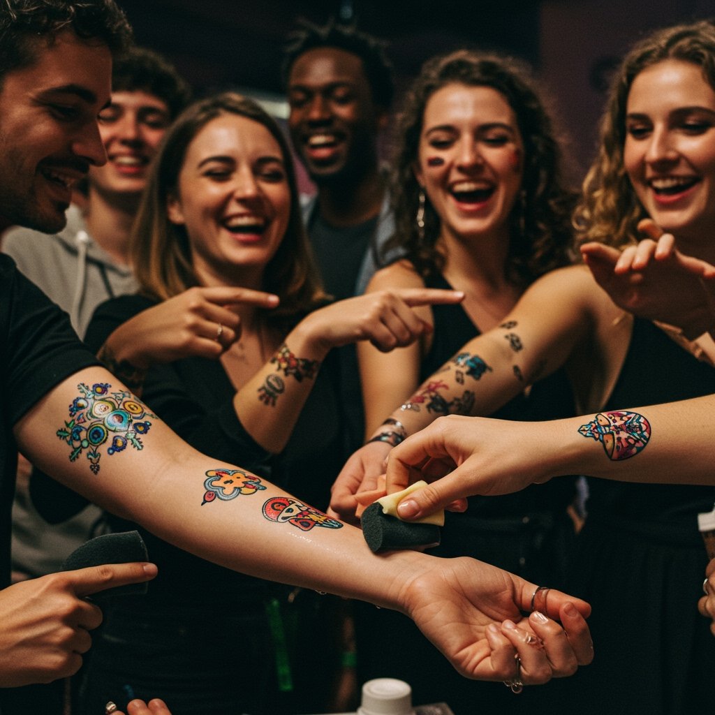 Event Tattoos - custom temporary temporary tattoos for events; promotional temporary temporary tattoos custom temporary temporary tattoos for events; promotional temporary temporary tattoos; event marketing temporary tattoos - Event attendees happily apply and show vibrant branded temporary tattoos, creating buzz.