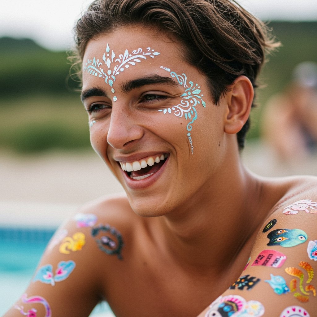 Festival Face Tattoos, Temporary Stickers, Body Art Trend festival face temporary tattoos; temporary face stickers; festival body art trend - Young adult smiling with intricate metallic face temporary tattoos and vibrant body art stickers.