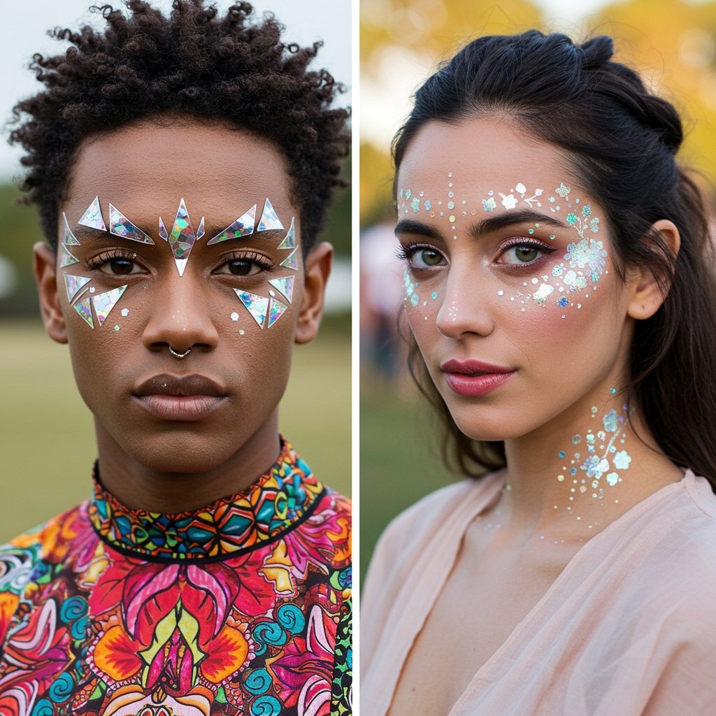 Metallic geometric festival face temporary tattoos - Festival Face Art festival face temporary tattoos; temporary face stickers; festival body art trend - Striking metallic geometric temporary temporary tattoos on a person's face, complementing a bold, colorful outfit.