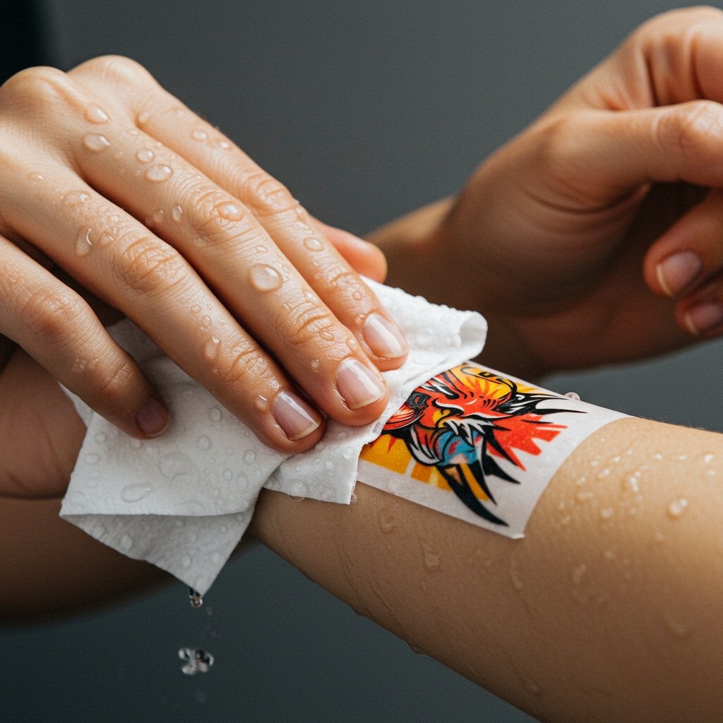 Applying Temp Tattoo - festival packing list temporary temporary tattoos festival packing list temporary temporary tattoos; festival essentials accessories; what to pack festival temporary tattoos - Applying a temp temporary tattoo with damp cloth.