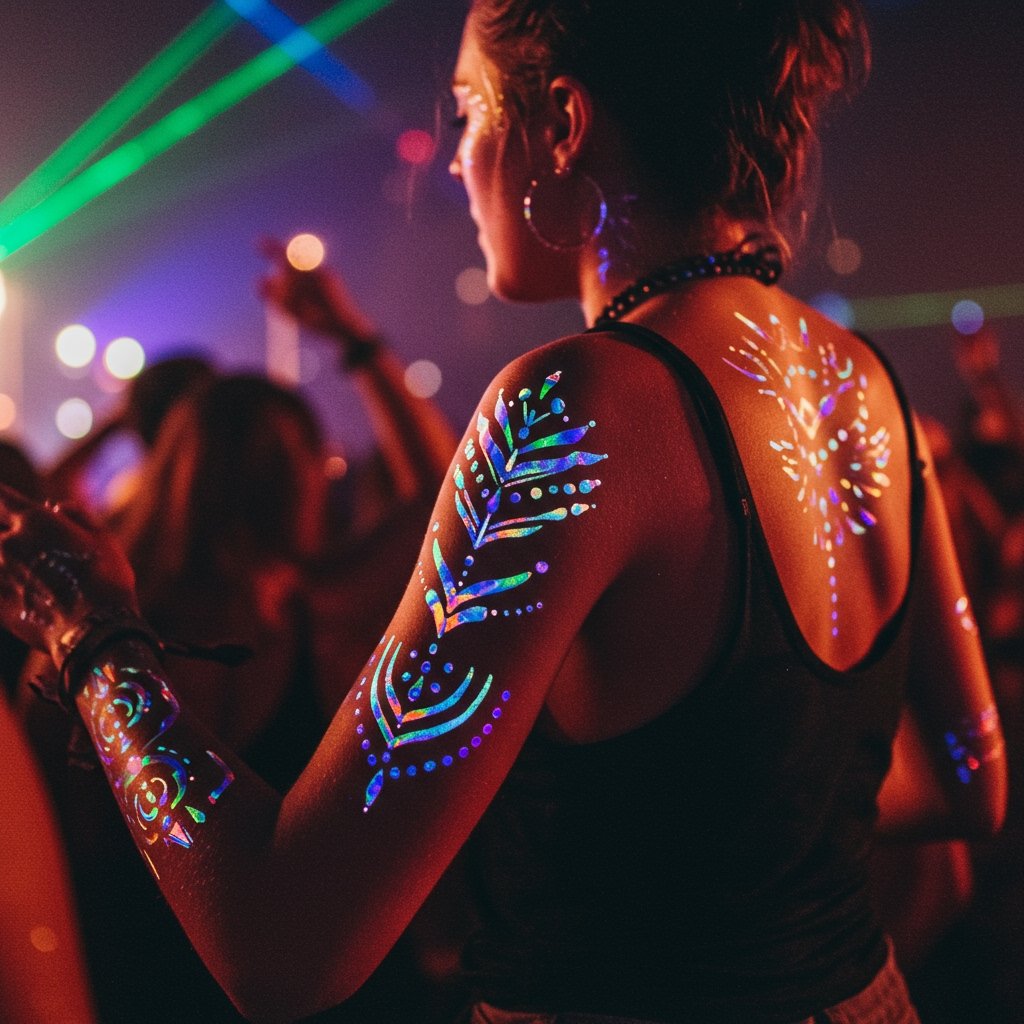 Festival Tattoo Placement Ideas - Photo-Worthy Temporary Tattoos temporary temporary tattoo placement ideas; best place for festival temporary tattoos; photo-worthy temporary tattoo placement - close-up of dancer with iridescent temporary temporary tattoos on arms, shoulders, collarbone at vibrant festival.