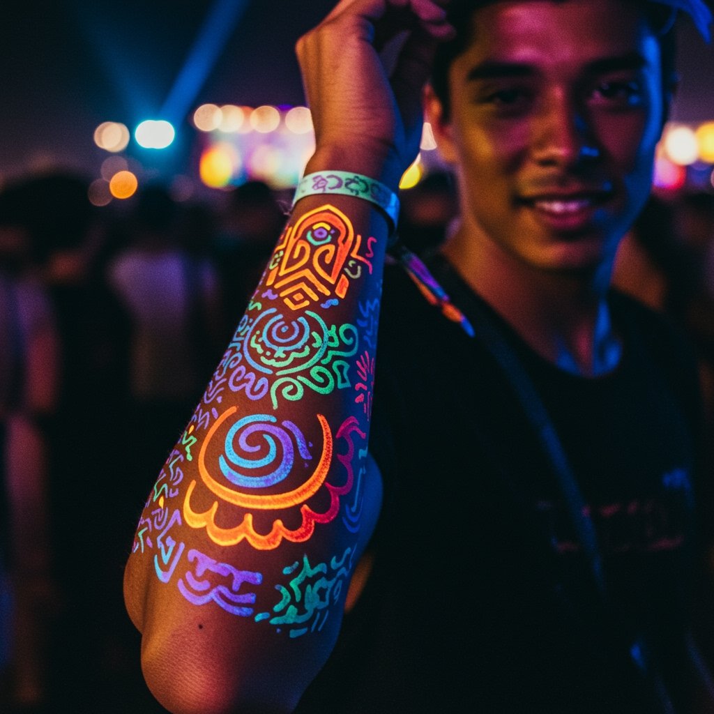 Festival Temporary Tattoo Ideas: 10 Festival Designs 3 Vibrant temporary temporary tattoos shine on skin under pulsating festival lights, offering music festival temporary tattoo ideas.