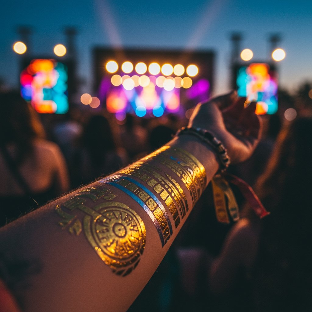 Festival Temporary Tattoo Placement - Photo-Worthy Arm temporary temporary tattoo placement ideas; best place for festival temporary tattoos; photo-worthy temporary tattoo placement - Close-up shows vibrant, detailed temporary temporary tattoos on a forearm, highlighted by light for stunning festival photos.