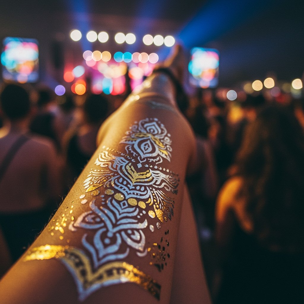 Festival Temporary Tattoos - Vibrant Designs on Skin festival packing list temporary temporary tattoos; festival essentials accessories; what to pack festival temporary tattoos - vibrant, sharp designs on skin at a festival.