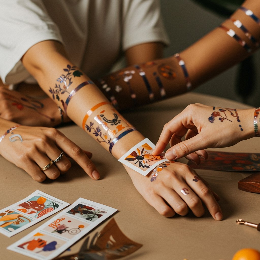 Sustainable Body Art - eco-friendly temporary temporary tattoos eco-friendly temporary temporary tattoos; biodegradable temporary tattoo stickers; sustainable temporary temporary tattoo - diverse hands adorned with vibrant designs showcasing sustainable body art.