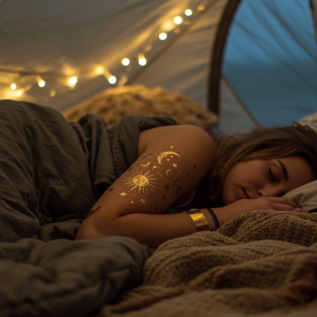 Woman sleeping with a waterproof festival temporary tattoo long lasting temporary temporary tattoos; make temporary temporary tattoo last longer; waterproof festival temporary tattoos - Long lasting temporary ta...